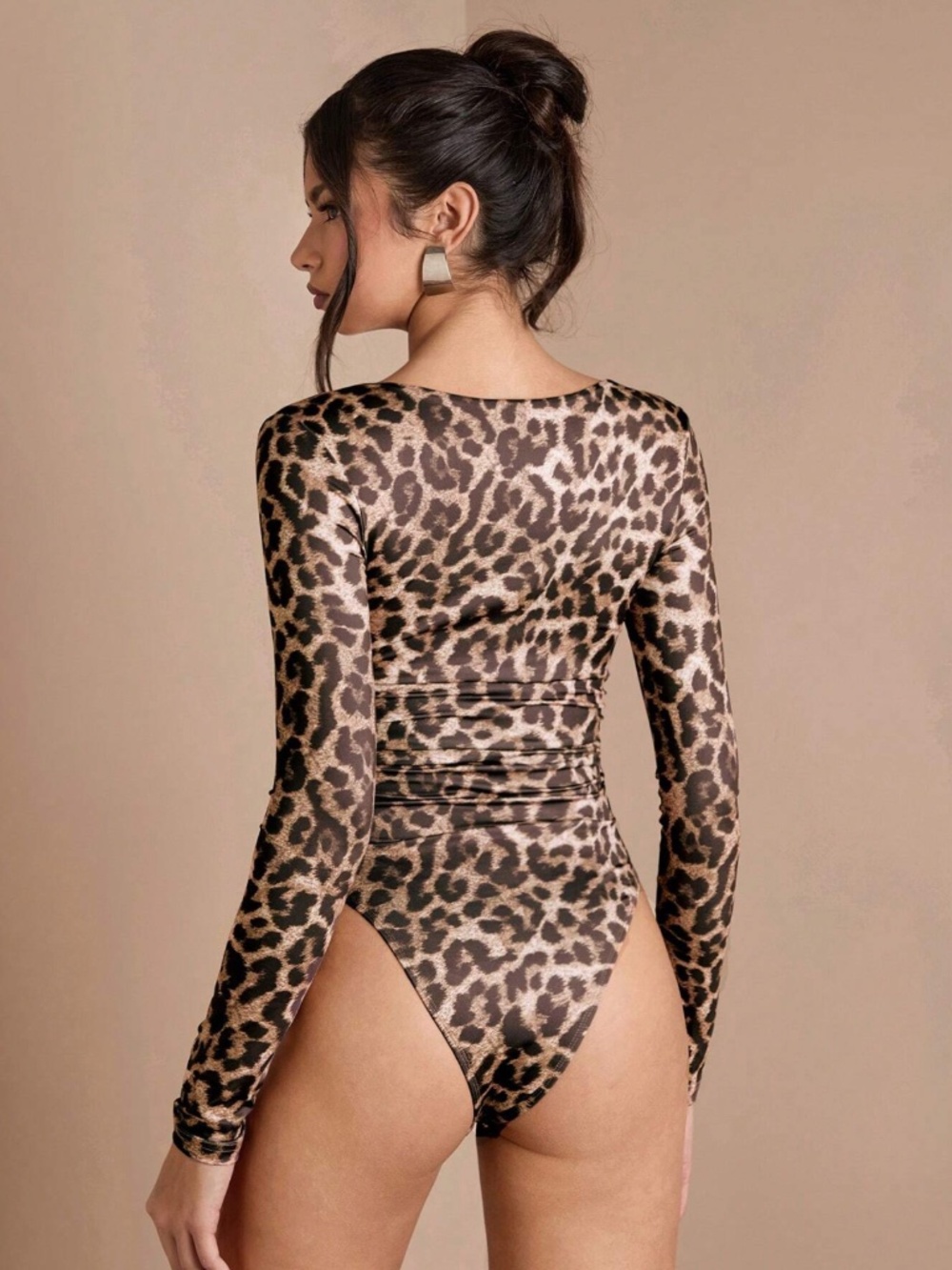 Leopard Animal Print Bodysuit Long Sleeves Square Neck - Picture 3 of 7